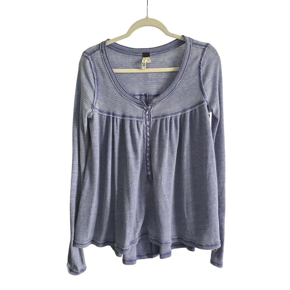 We The Free Thermal Top Women XS Blue Babydoll Waffle Knit Henley Long Sleeve
